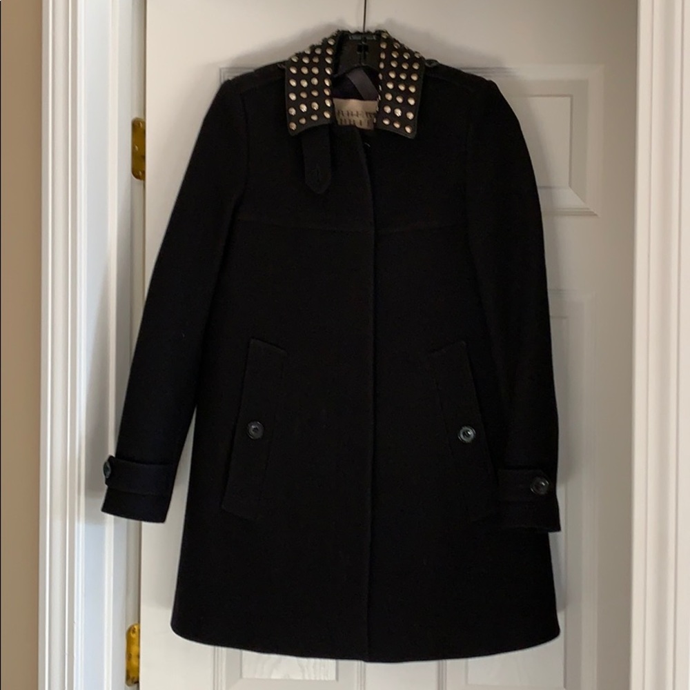 Burberry Studded Leather Collar Black Wool Coat